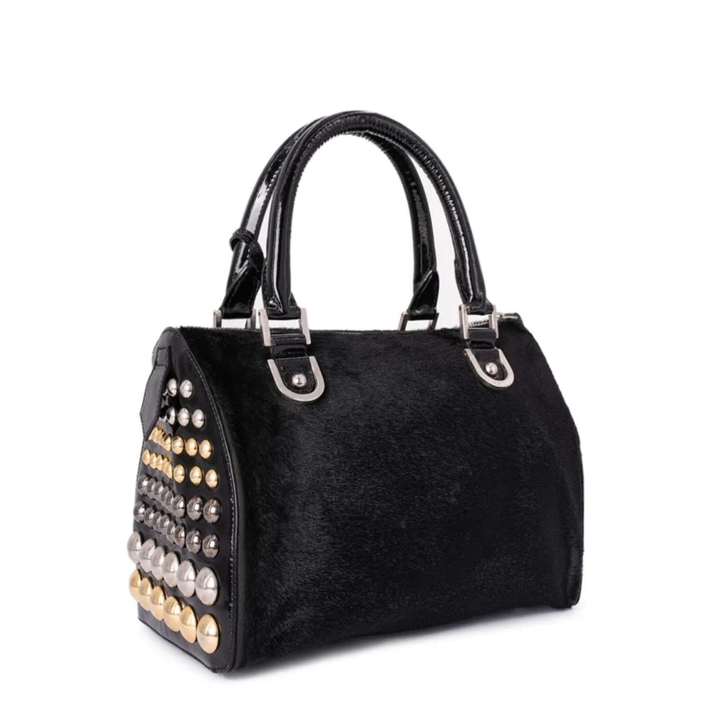 Authentic Versace Black Patent Leather Pony Hair Studded DV Speedy BAG 25 - Picture 2 of 15